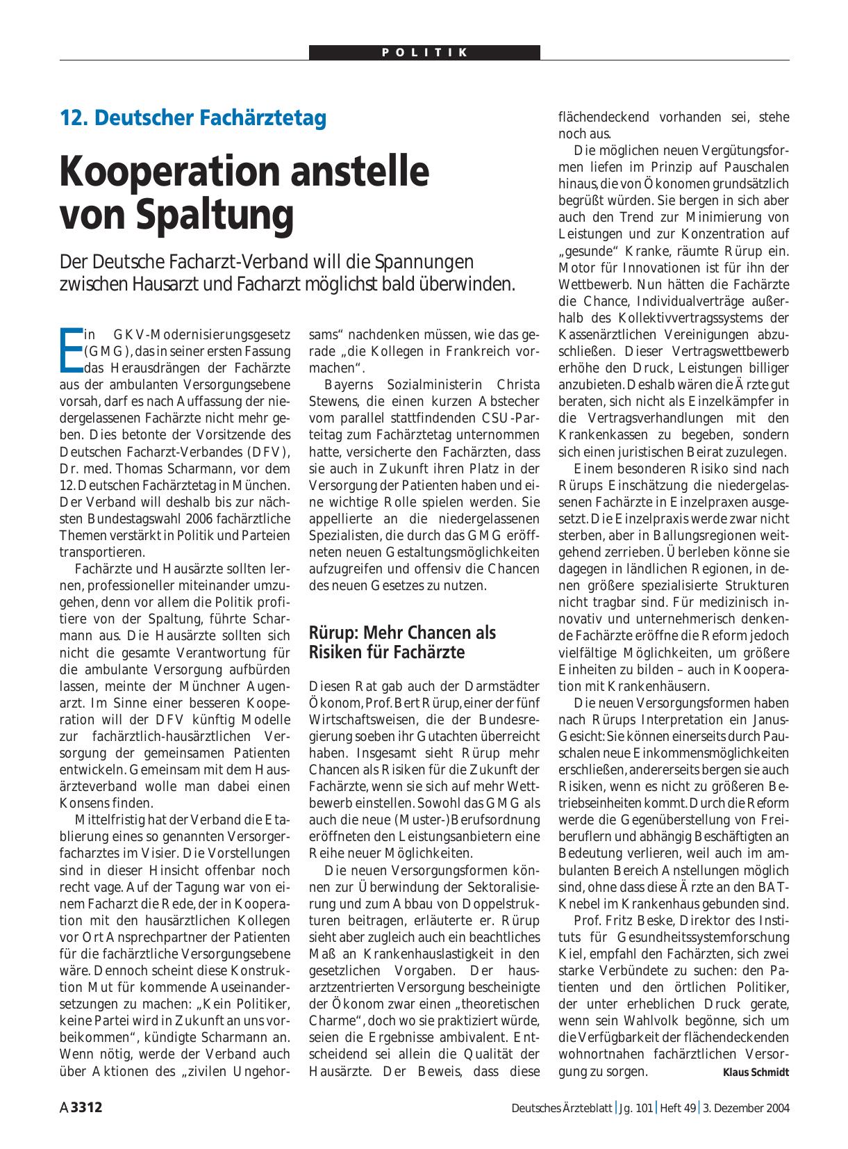 Vorschauseite 1: 12. Deutscher Fachärztetag: Kooperation anstelle von Spaltung