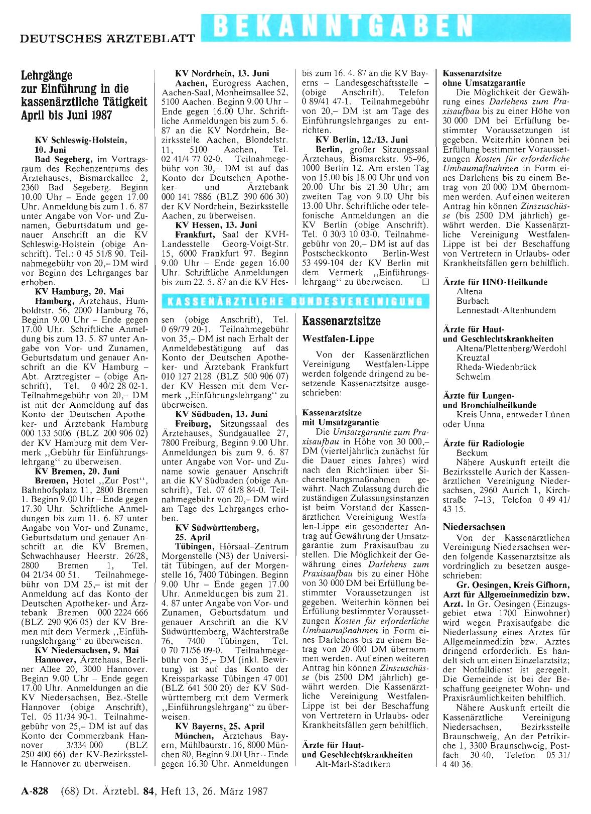 Vorschauseite 1: Lehrgänge zur Einführung in die kassenärztliche Tätigkeit April bis Juni 1987