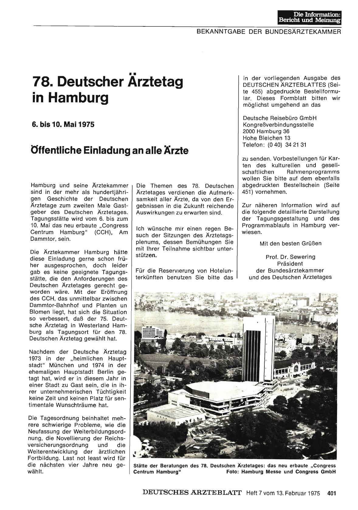 Vorschauseite 1: 78. Deutscher Ärztetag in Hamburg 6. bis 10. Mai 1975: Öffentliche Einladung an alle Ärzte