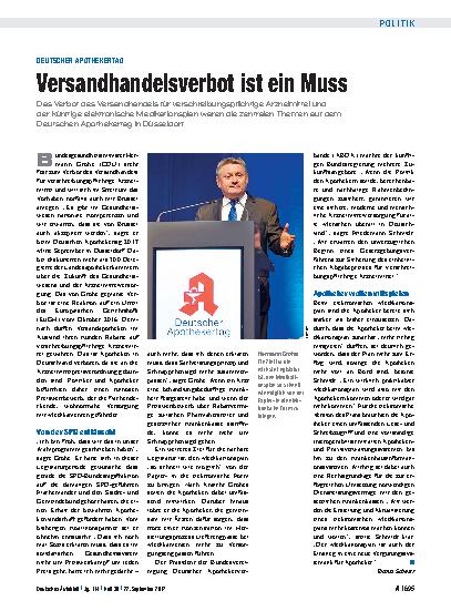Vorschauseite 1: Deutscher Apothekertag: Versandhandelsverbot ist ein Muss