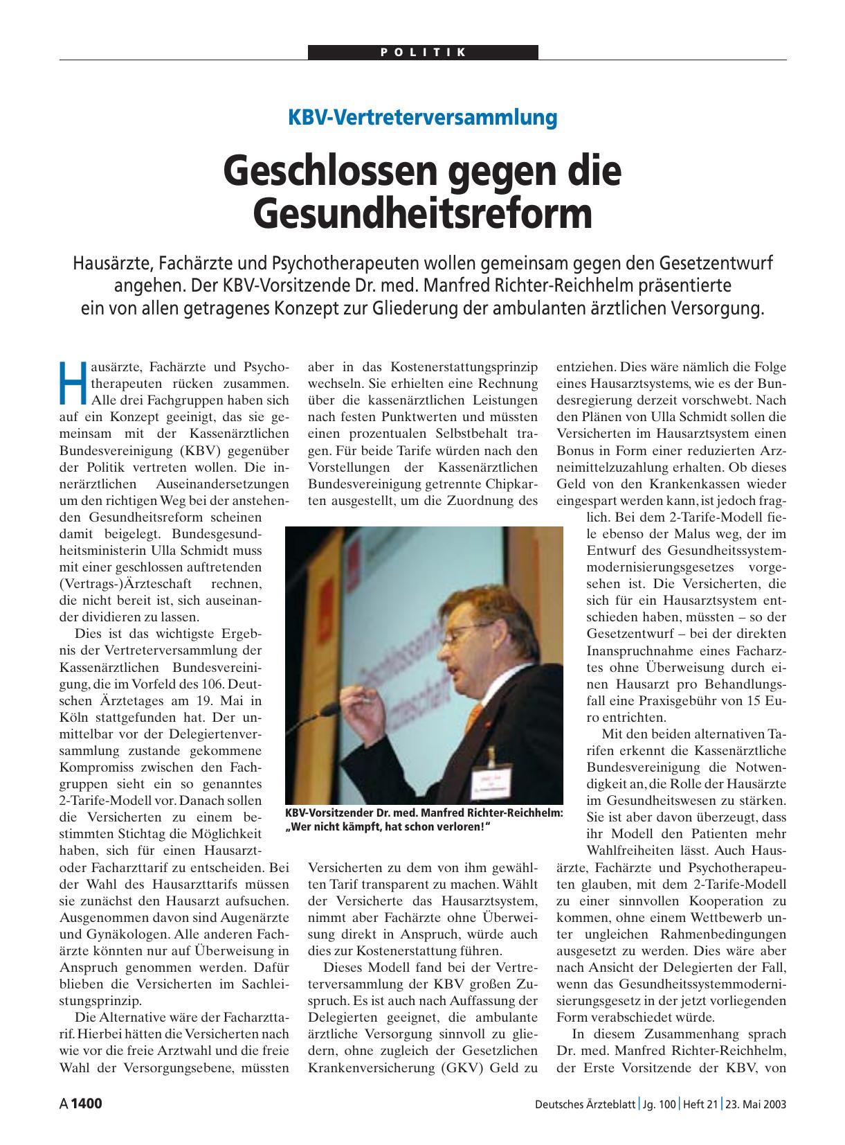 Vorschauseite 1: KBV-Vertreterversammlung: Geschlossen gegen die Gesundheitsreform
