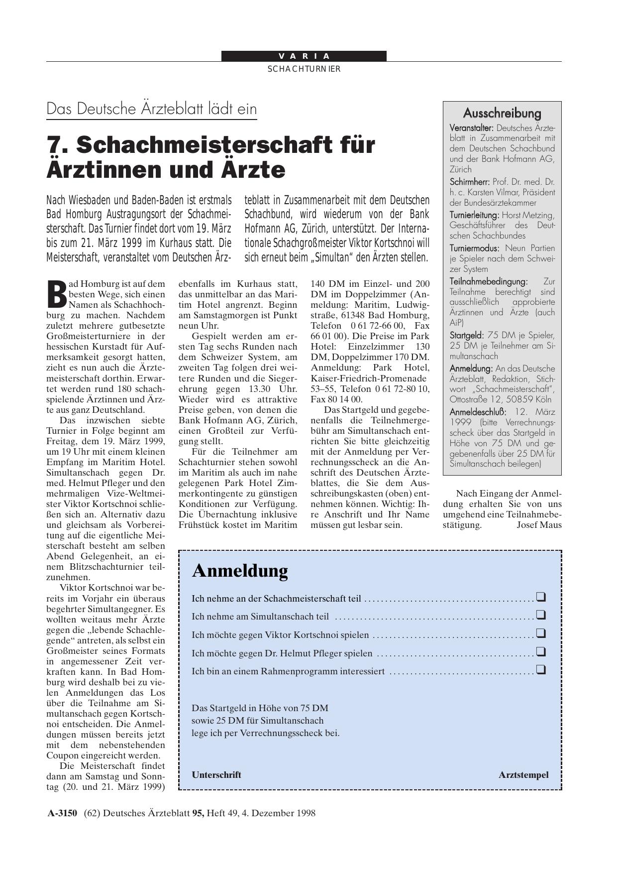 Vorschauseite 1: Das Deutsche Ärzteblatt lädt ein: 7. Schachmeisterschaft für Ärztinnen und Ärzte