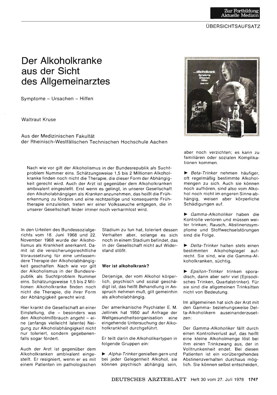 Vorschauseite 1: Der Alkoholkranke aus der Sicht des Allgemeinarztes