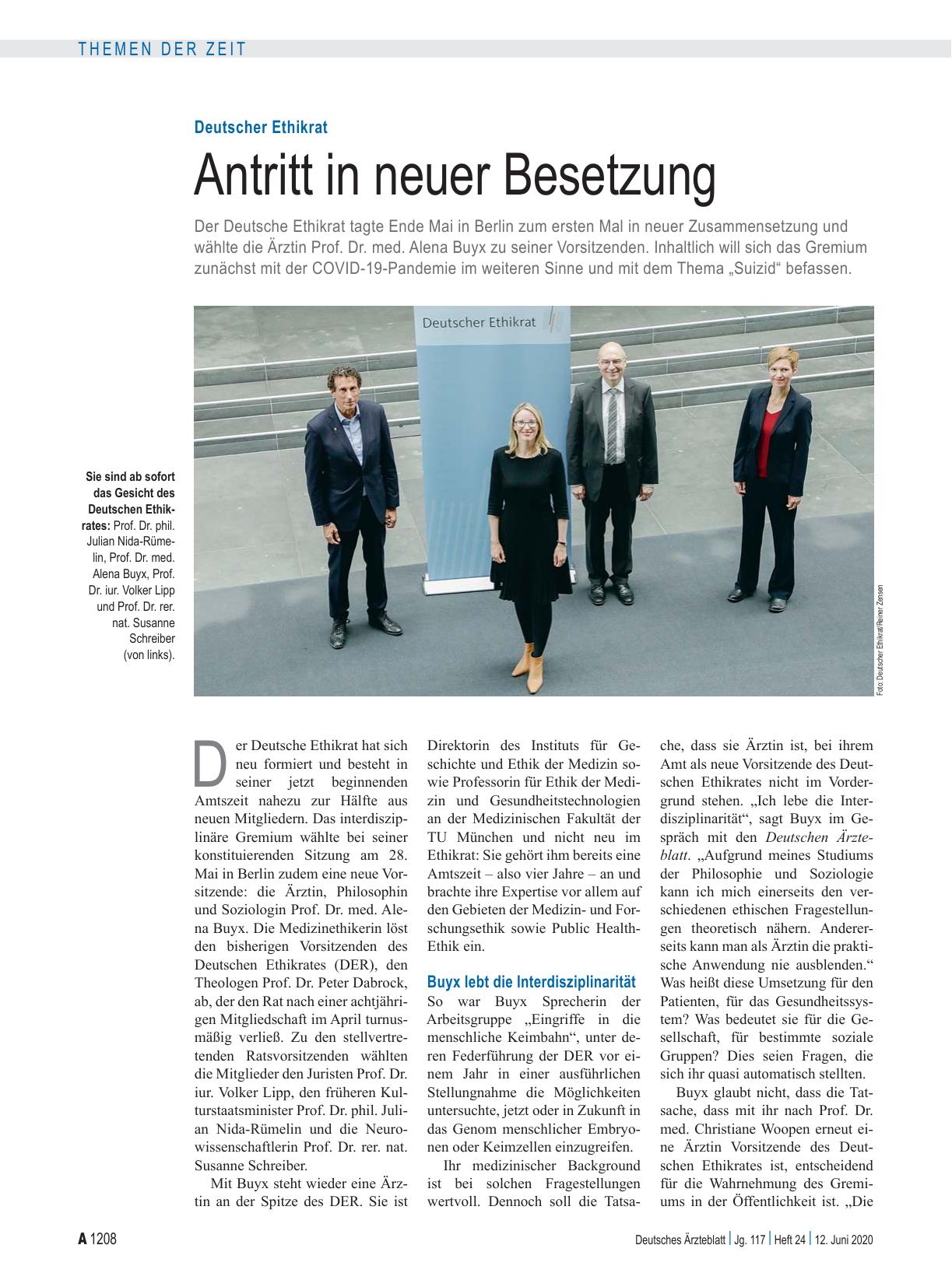 Vorschauseite 1: Deutscher Ethikrat: Antritt in neuer Besetzung
