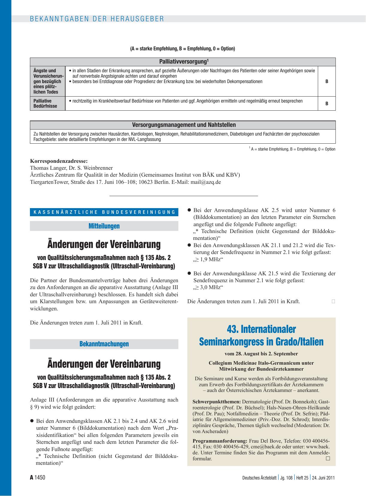 Vorschauseite 1: Änderungen der Vereinbarung von Qualitätssicherungsmaßnahmen nach § 135 Abs. 2 SGB V zur Ultraschalldiagnostik (Ultraschall-Vereinbarung)