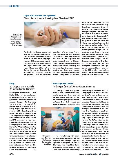 Vorschauseite 1: Organspende für Kinder und Jugendliche: Transplantationen auf niedrigstem Stand seit 2008