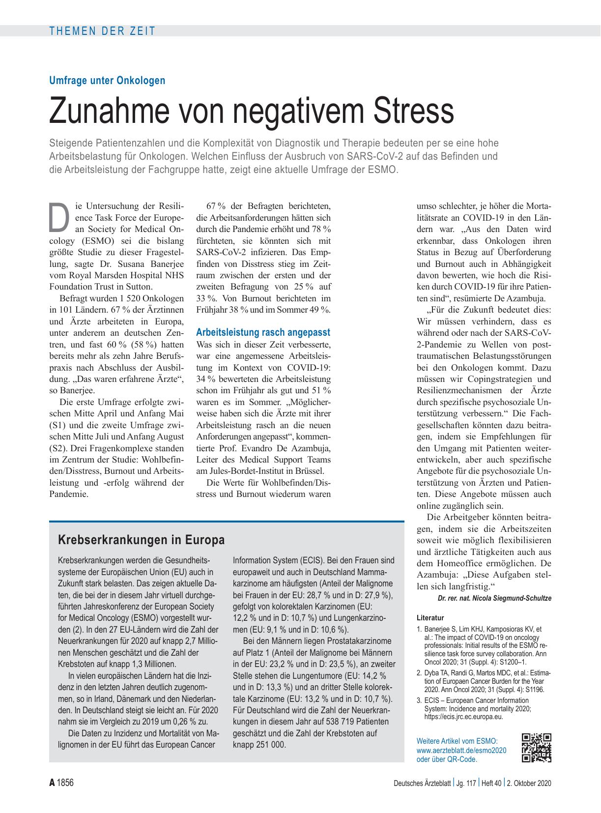 Vorschauseite 1: Umfrage unter Onkologen: Zunahme von negativem Stress