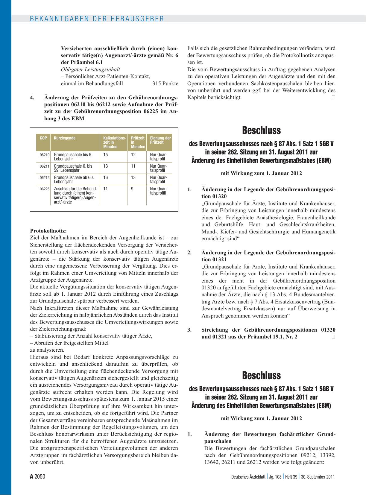 Vorschauseite 1: Beschluss des Bewertungsausschusses nach § 87 Abs. 1 Satz 1 SGB V in seiner 262. Sitzung am 31. August 2011 zur Änderung des Einheitlichen Bewertungsmaßstabes (EBM)