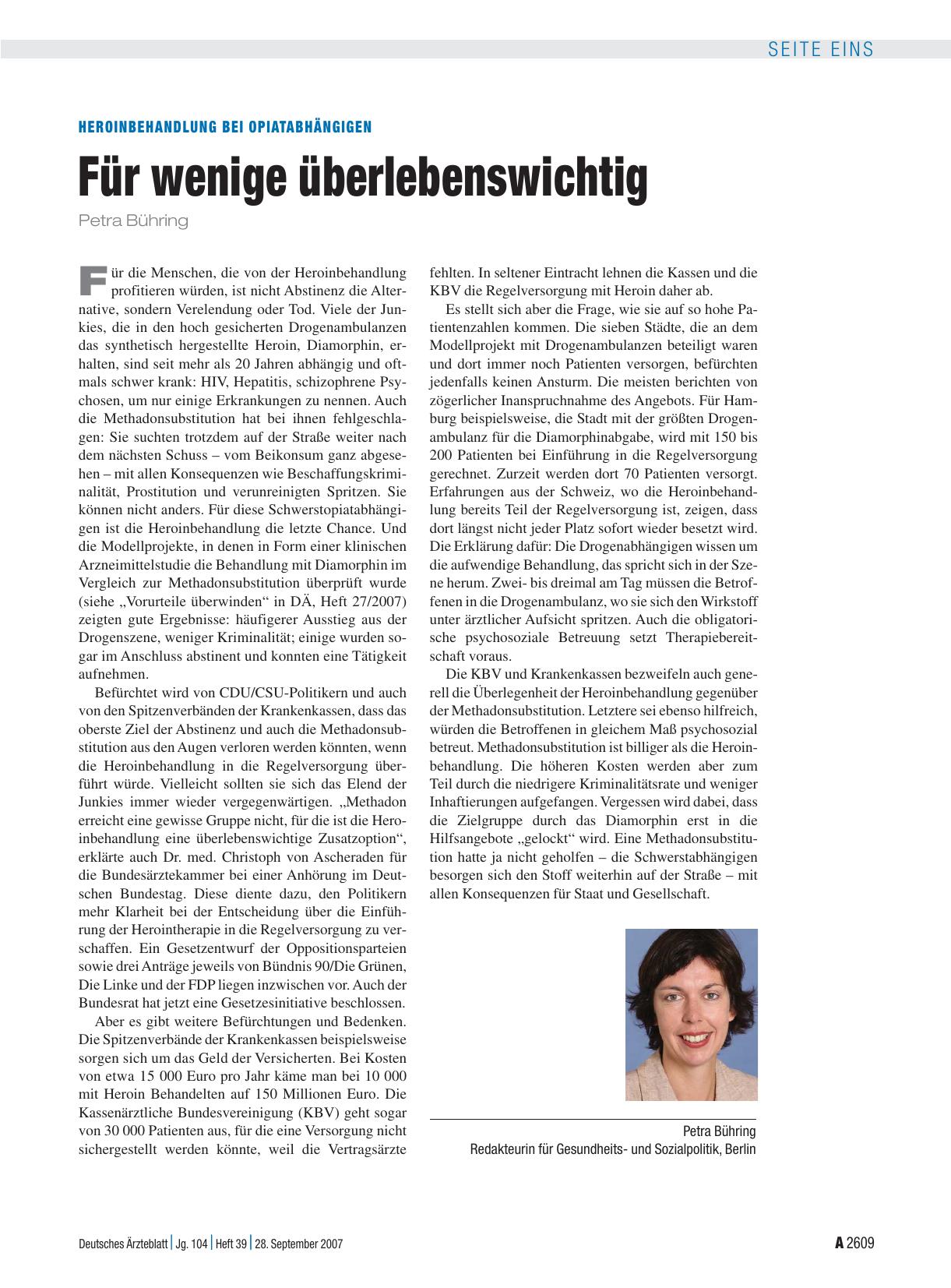 Vorschauseite 1: Heroinbehandlung bei Opiatabhängigen: Für wenige überlebenswichtig