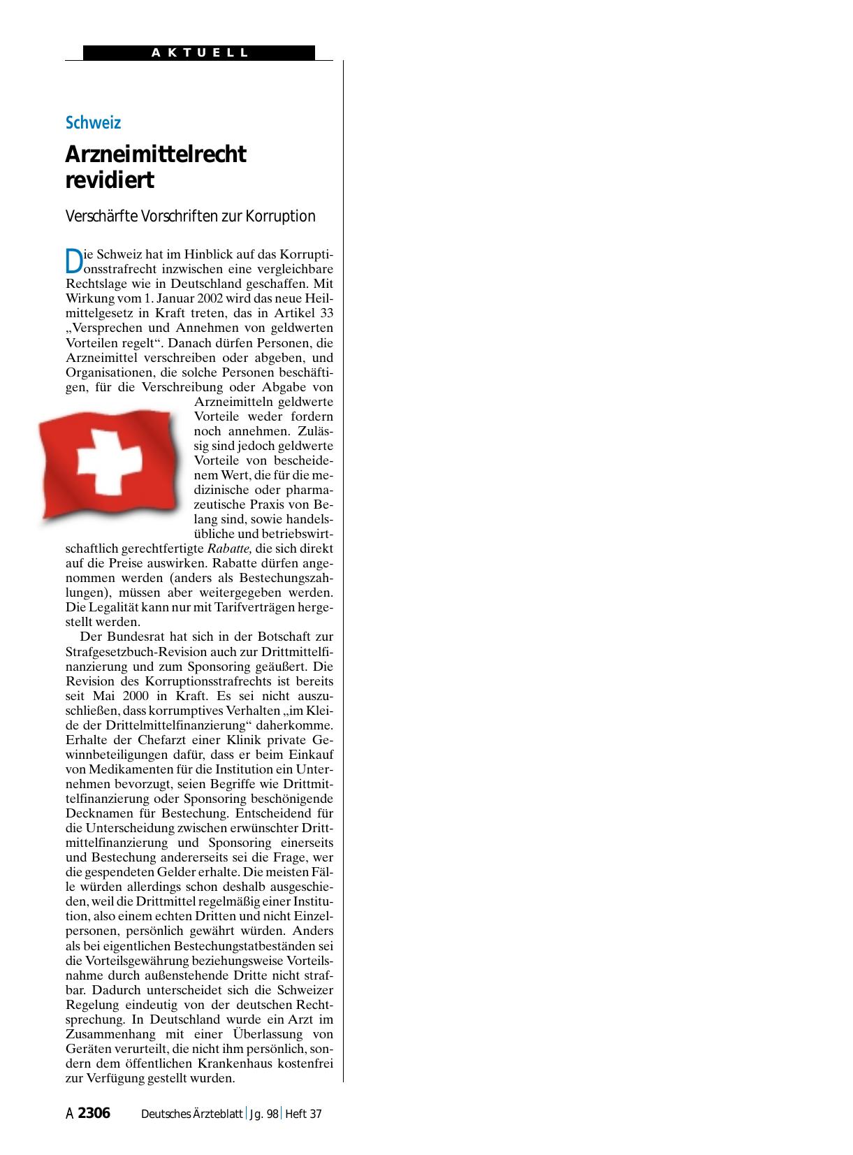 Vorschauseite 1: Schweiz: Arzneimittelrecht revidiert