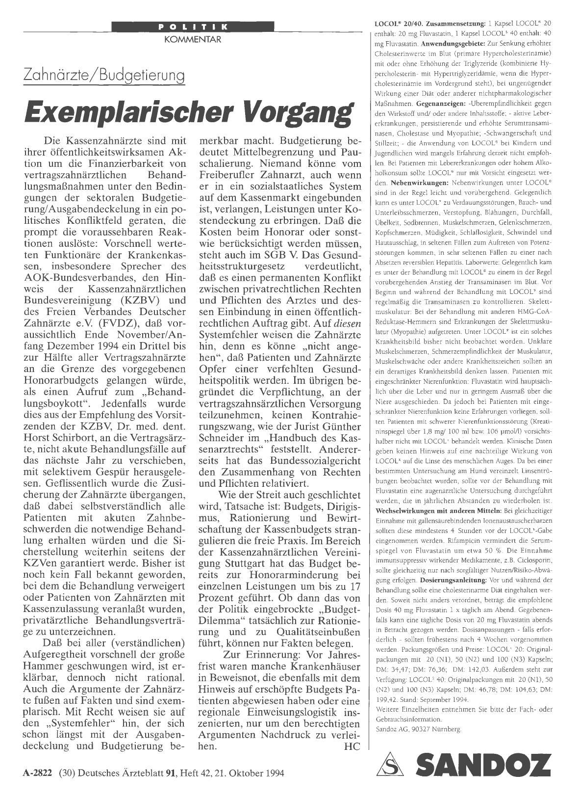 Vorschauseite 1: Zahnärzte/Budgetierung: Exemplarischer Vorgang