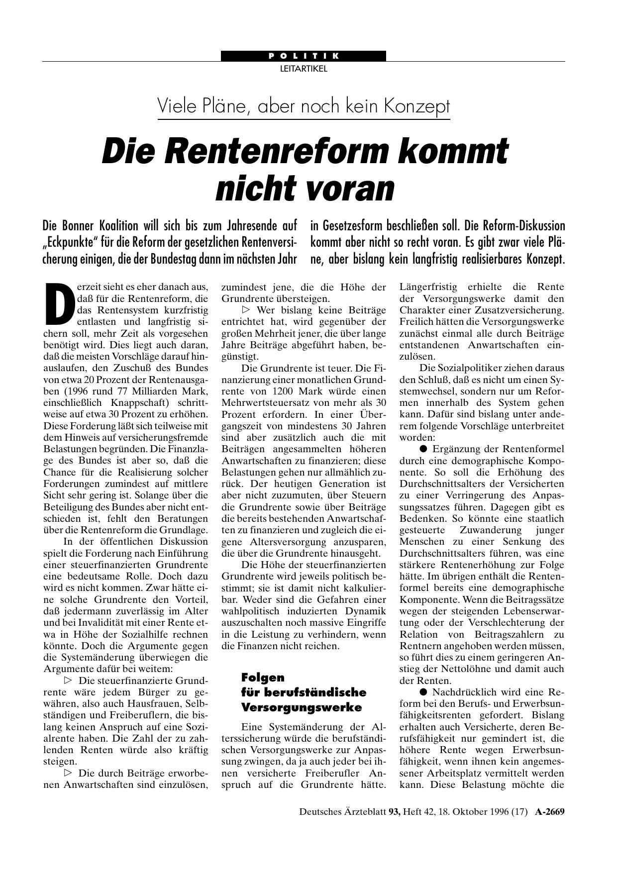 Vorschauseite 1: Viele Pläne, aber noch kein Konzept: Die Rentenreform kommt nicht voran