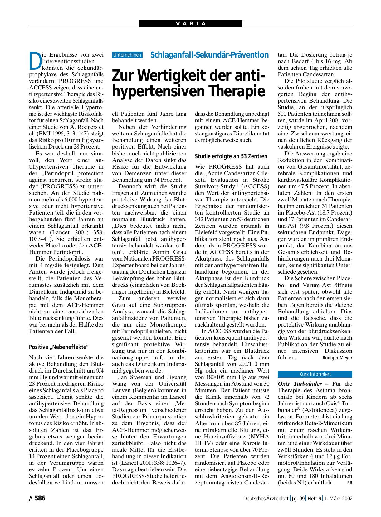 Vorschauseite 1: Schlaganfall-Sekundär-Prävention: Zur Wertigkeit der anti-hypertensiven Therapie