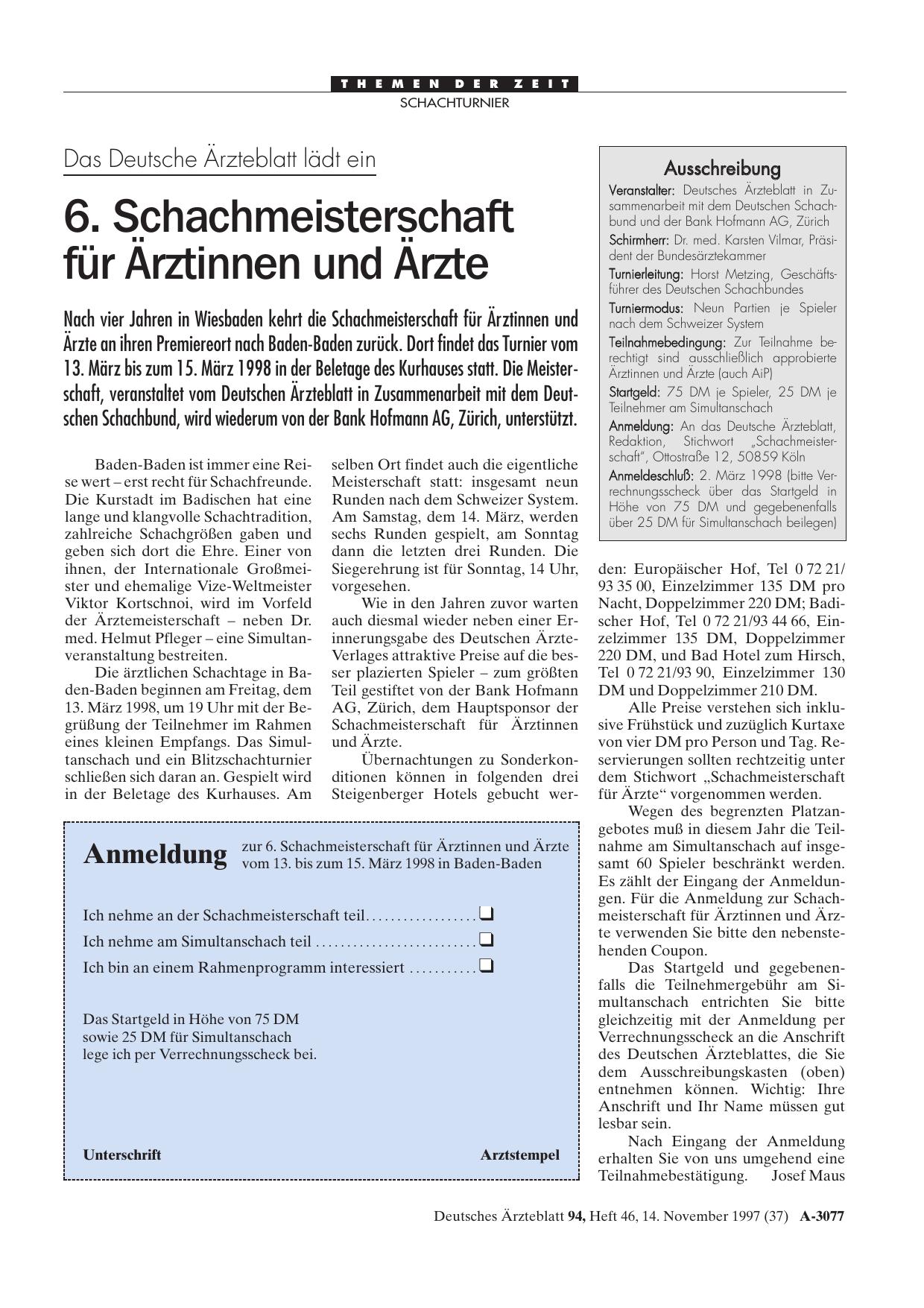 Vorschauseite 1: Das Deutsche Ärzteblatt lädt ein: 6. Schachmeisterschaft für Ärztinnen und Ärzte