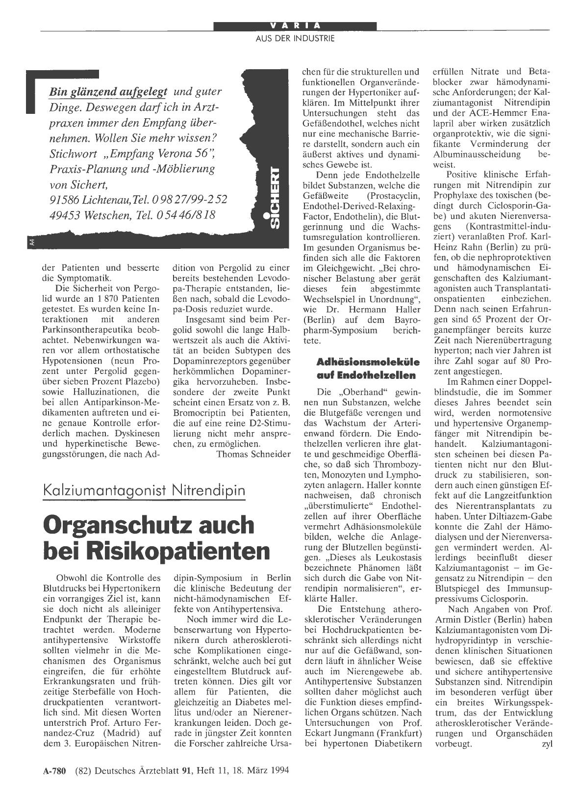 Vorschauseite 1: Kalziumantagonist: Nitrendipin Organschutz auch bei Risikopatienten
