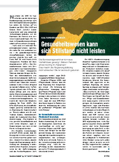 Vorschauseite 1: Koalitionsverhandlungen: Gesundheitswesen kann sich Stillstand nicht leisten