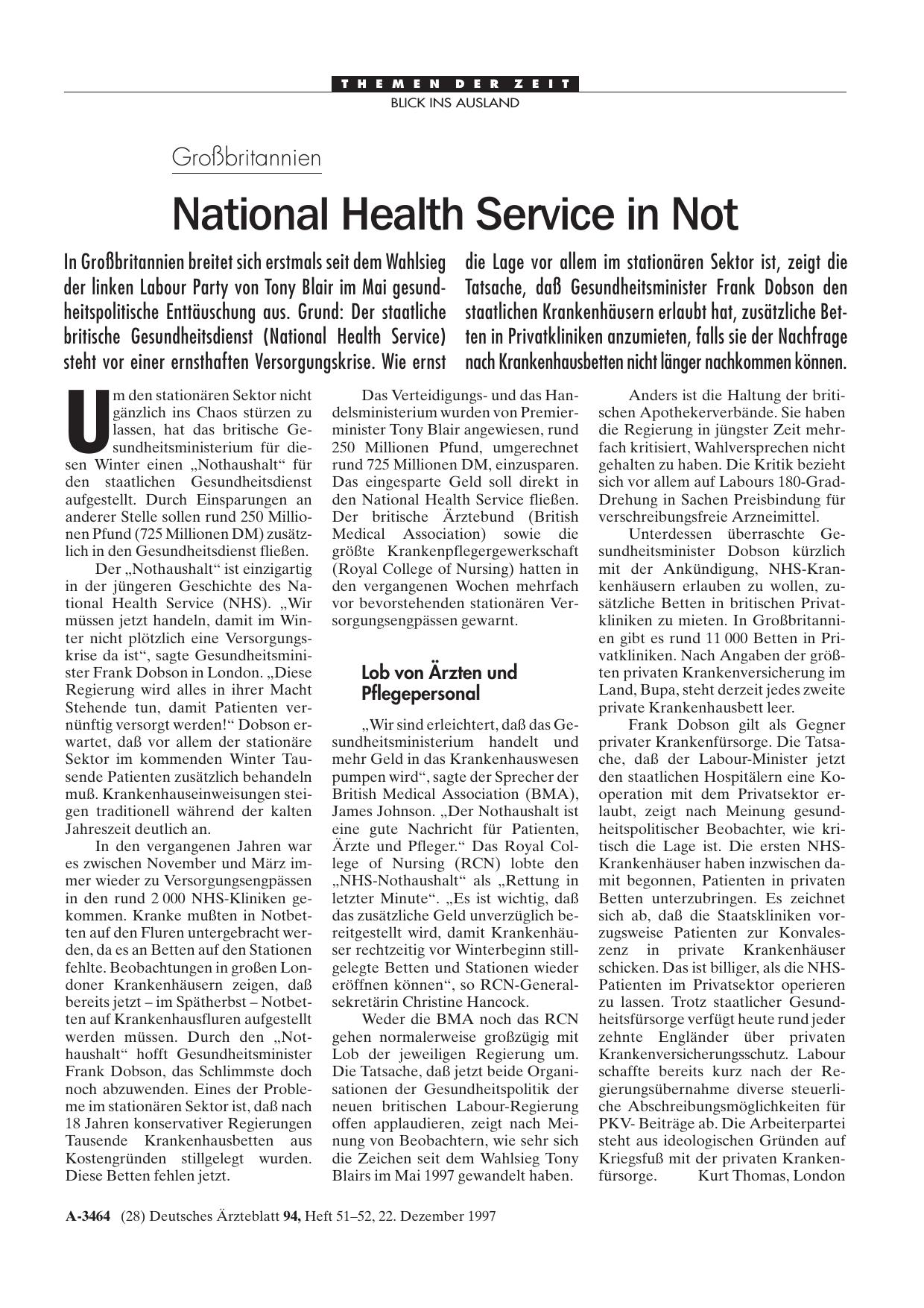 Vorschauseite 1: Großbritannien: National Health Service in Not