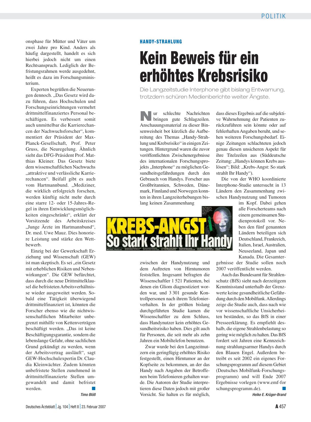 Vorschauseite 1: Handy-Strahlung: Kein Beweis für ein erhöhtes Krebsrisiko