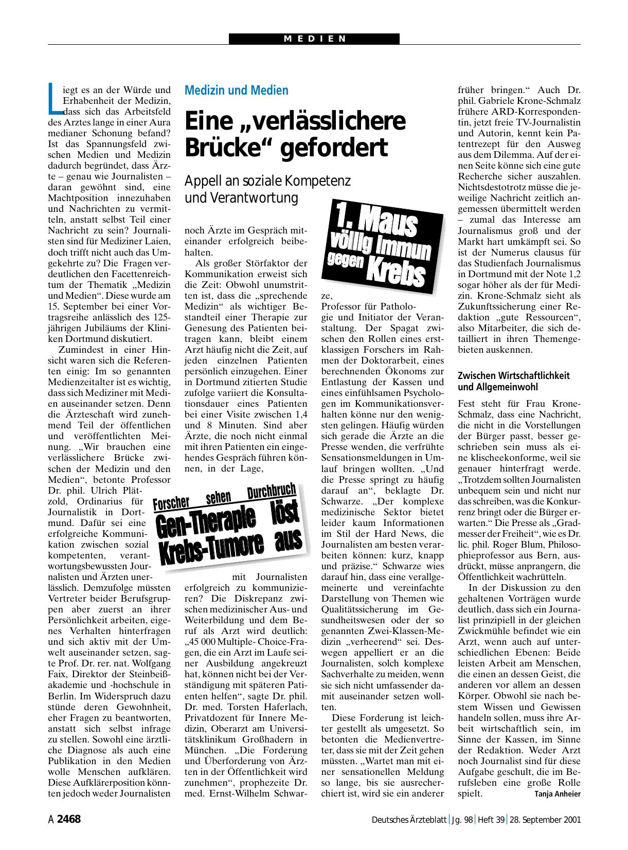 Vorschauseite 1: Medizin und Medien: Eine „verlässlichere Brücke“ gefordert