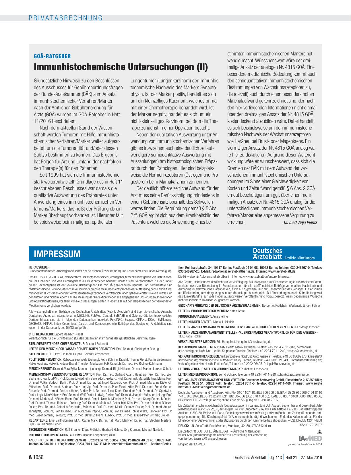 Vorschauseite 1: GOÄ-Ratgeber: Immunhistochemische Untersuchungen (II)