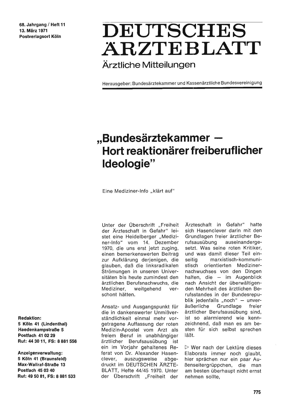 Vorschauseite 1: „Bundesärztekammer — Hort reaktionärer freiberuflicher Ideologie": Eine Mediziner-Info „klärt auf"