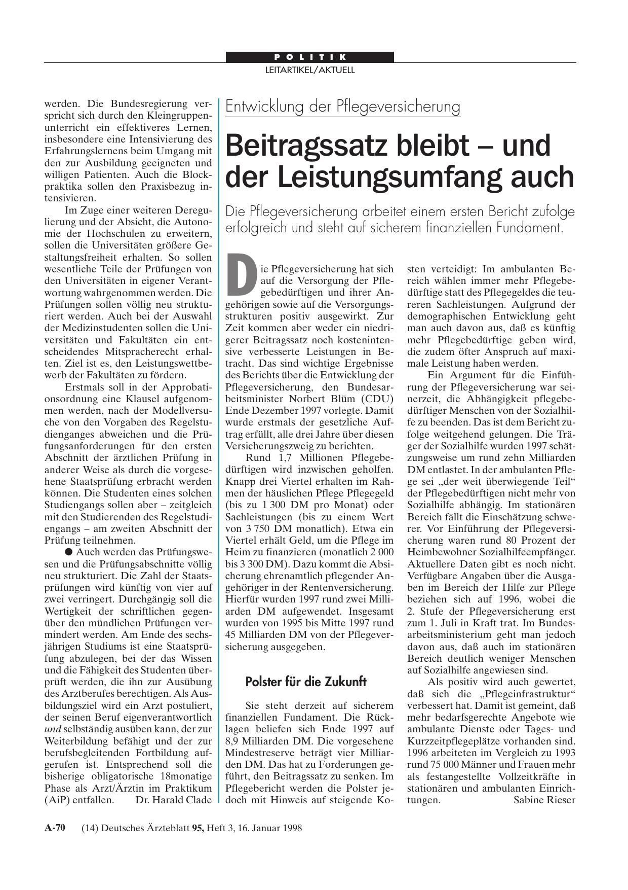 Vorschauseite 1: Entwicklung der Pflegeversicherung: Beitragssatz bleibt - und der Leistungsumfang auch