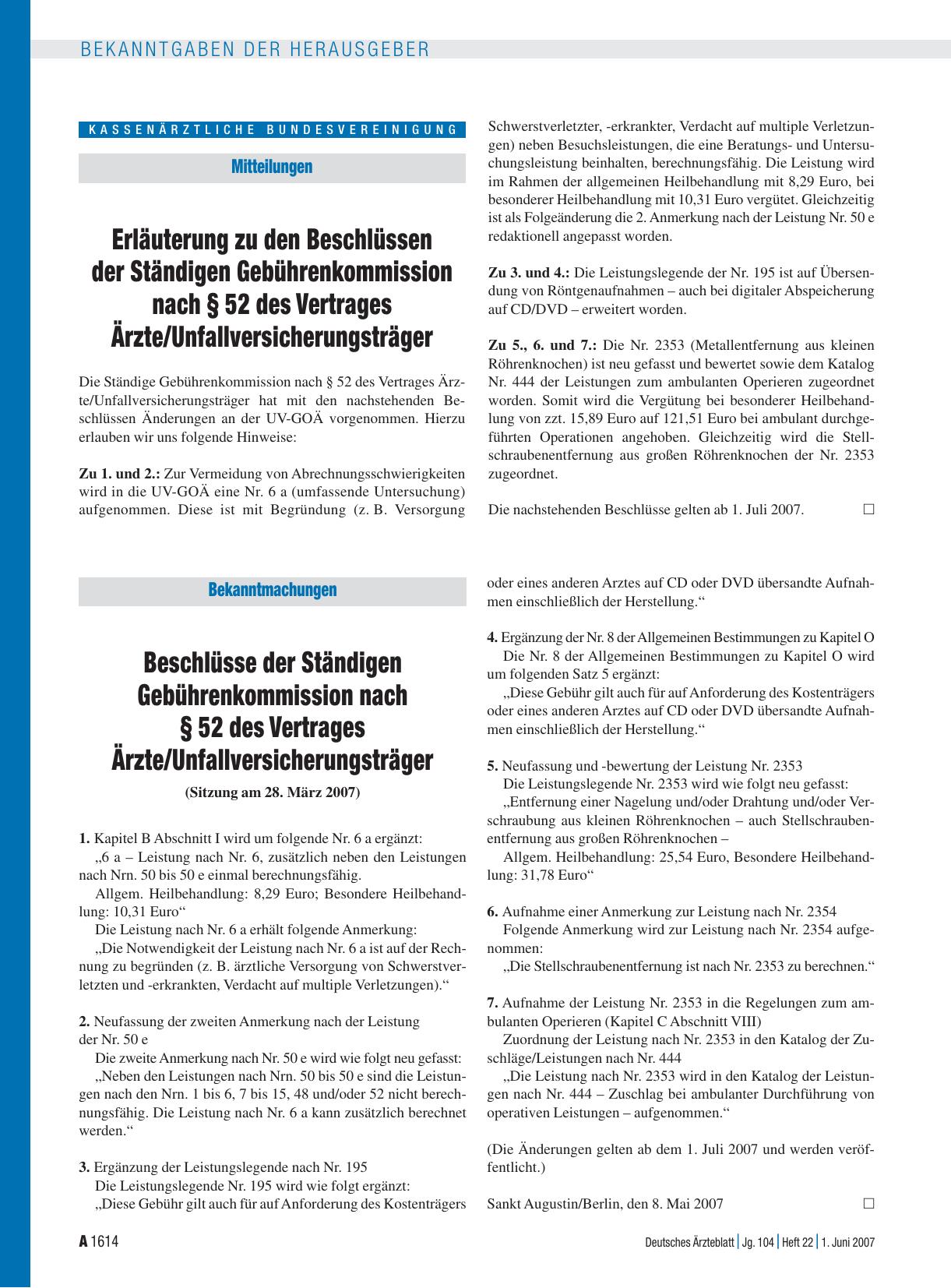 Vorschauseite 1: Mitteilungen: Erläuterung zu den Beschlüssen der Ständigen Gebührenkommission nach § 52 des Vertrages Ärzte/Unfallversicherungsträger