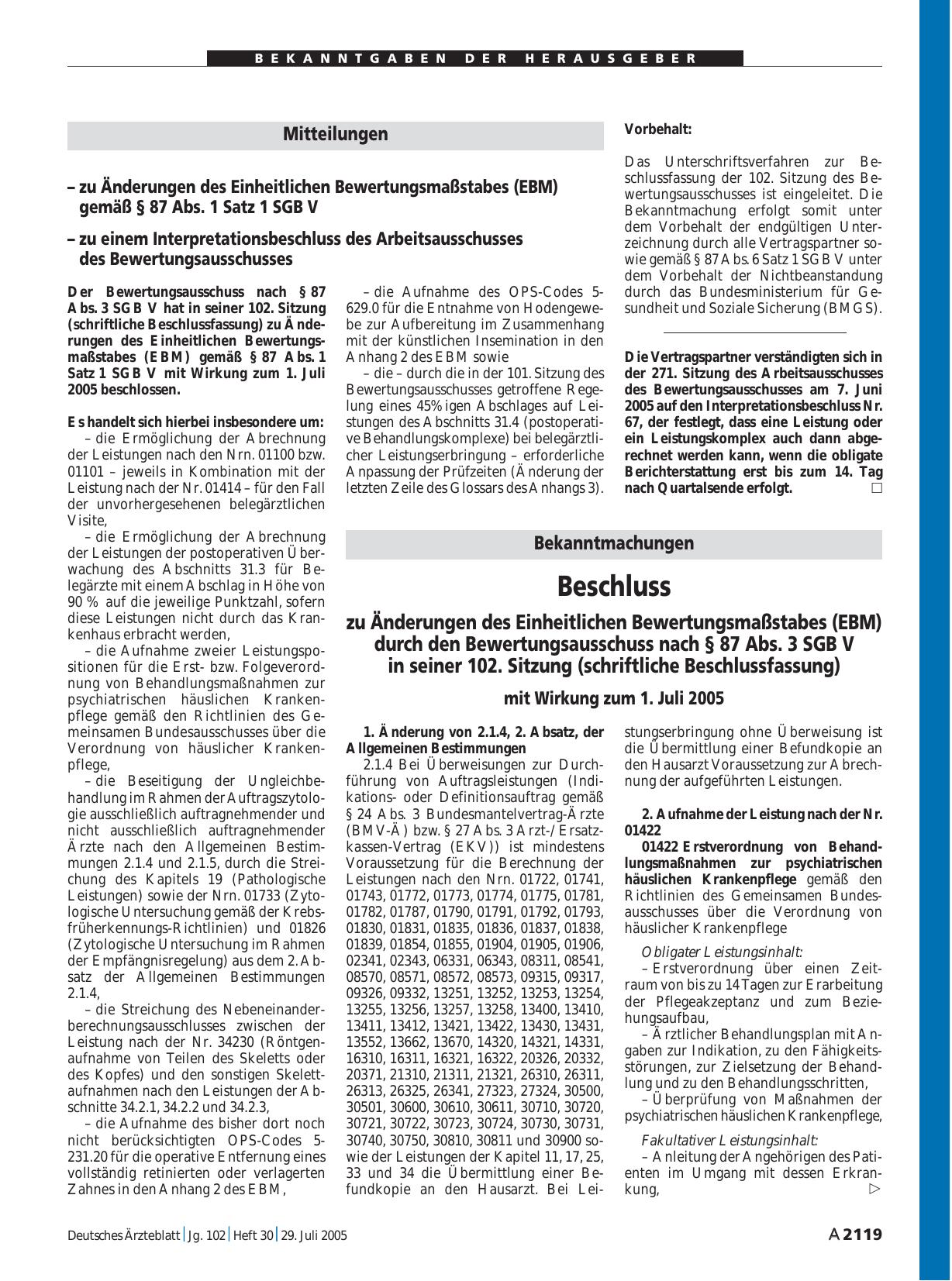 Vorschauseite 1: Bekanntmachungen: Beschluss zu Änderungen des Einheitlichen Bewertungsmaßstabes (EBM) durch den Bewertungsausschuss nach § 87 Abs. 3 SGB V in seiner 102. Sitzung (schriftliche Bes…