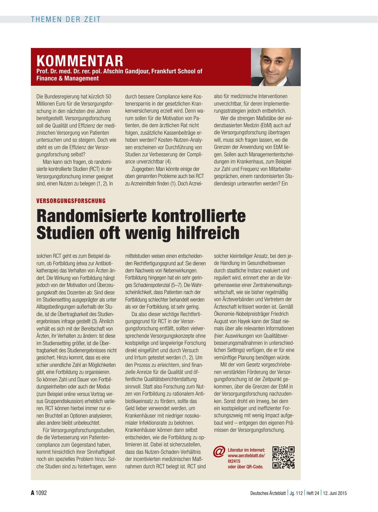 Vorschauseite 1: Versorgungsforschung: Randomisierte kontrollierte Studien oft wenig hilfreich