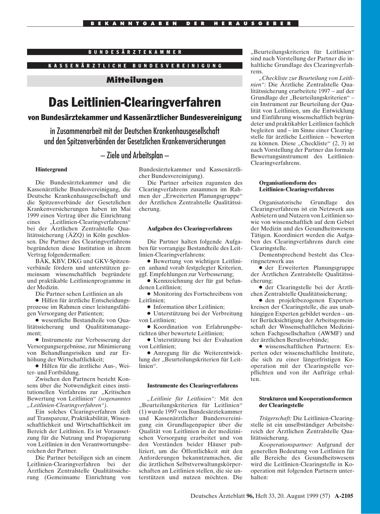 Vorschauseite 1: Das Leitlinien-Clearingverfahren von Bundesärztekammer und Kassenärztlicher Bundesvereinigung