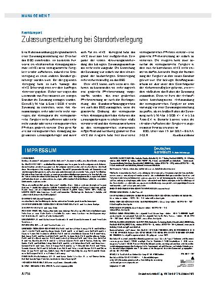 Vorschauseite 1: Rechtsreport: Zulassungsentziehung bei Standortverlegung