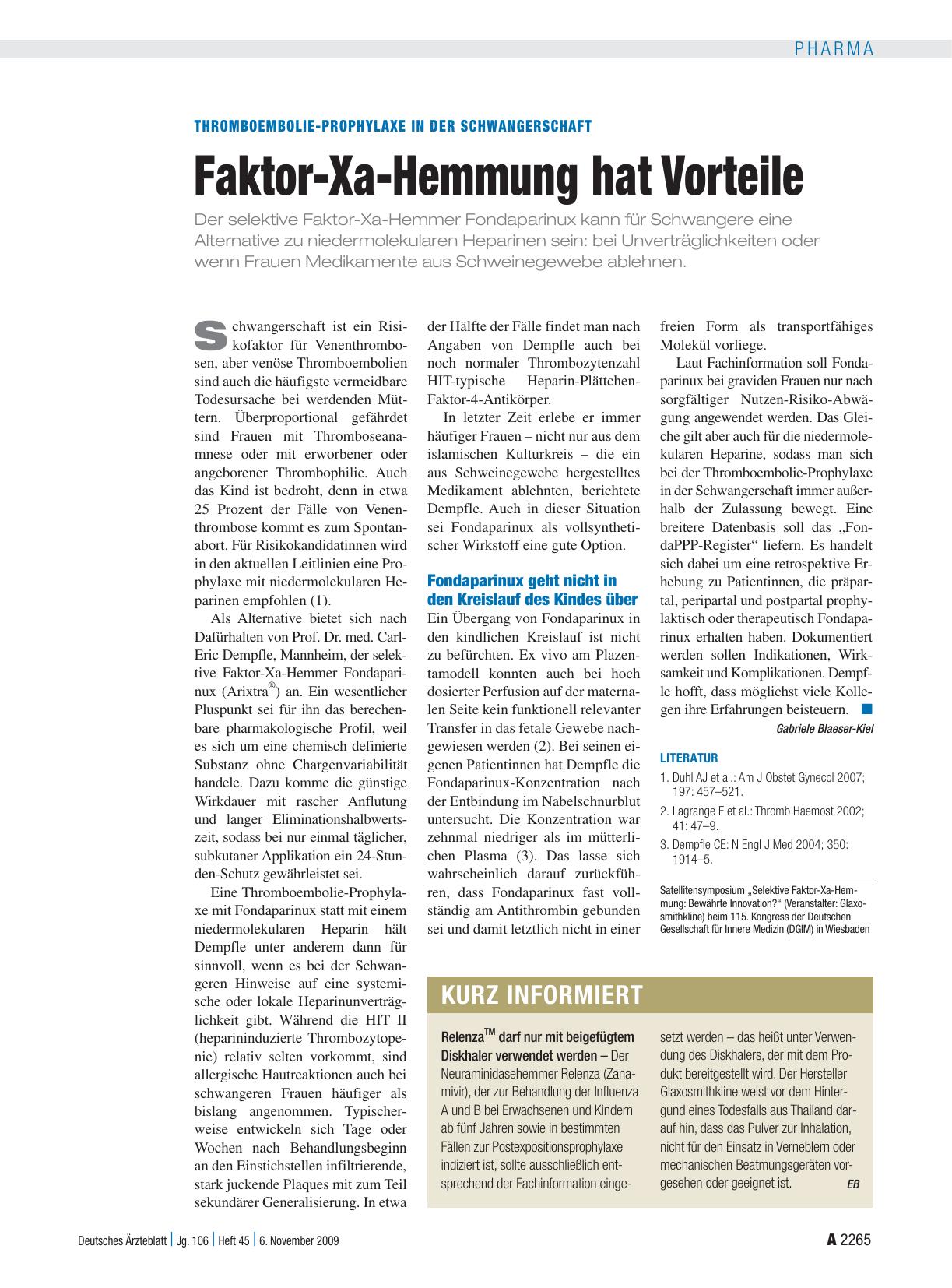 Vorschauseite 1: Thromboembolie-prophylaxe in der Schwangerschaft: Faktor-Xa-Hemmung hat Vorteile