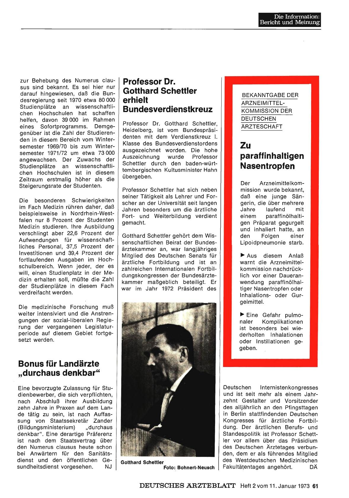 Vorschauseite 1: Professor Dr. Gotthard Schettler erhielt Bundesverdienstkreuz