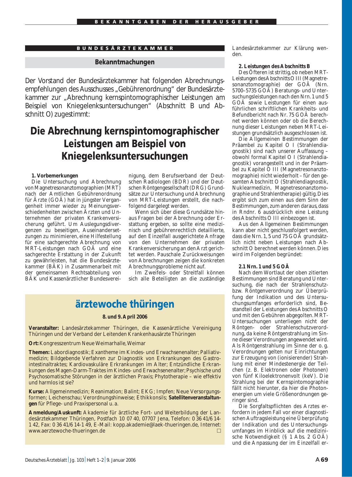 Vorschauseite 1: Bekanntmachungen: Die Abrechnung kernspintomographischer Leistungen am Beispiel von Kniegelenksuntersuchungen