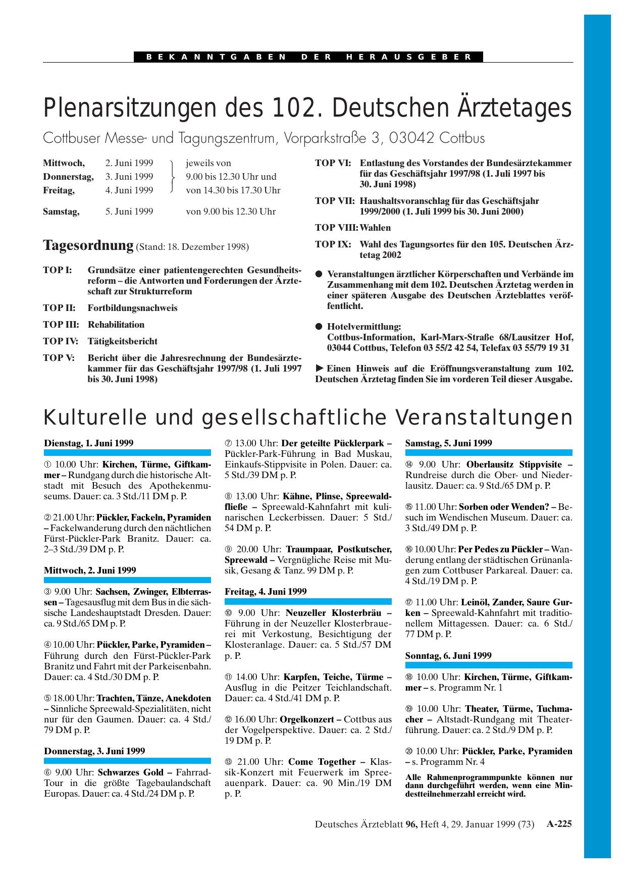 Vorschauseite 1: Plenarsitzungen des 102. Deutschen Ärztetages