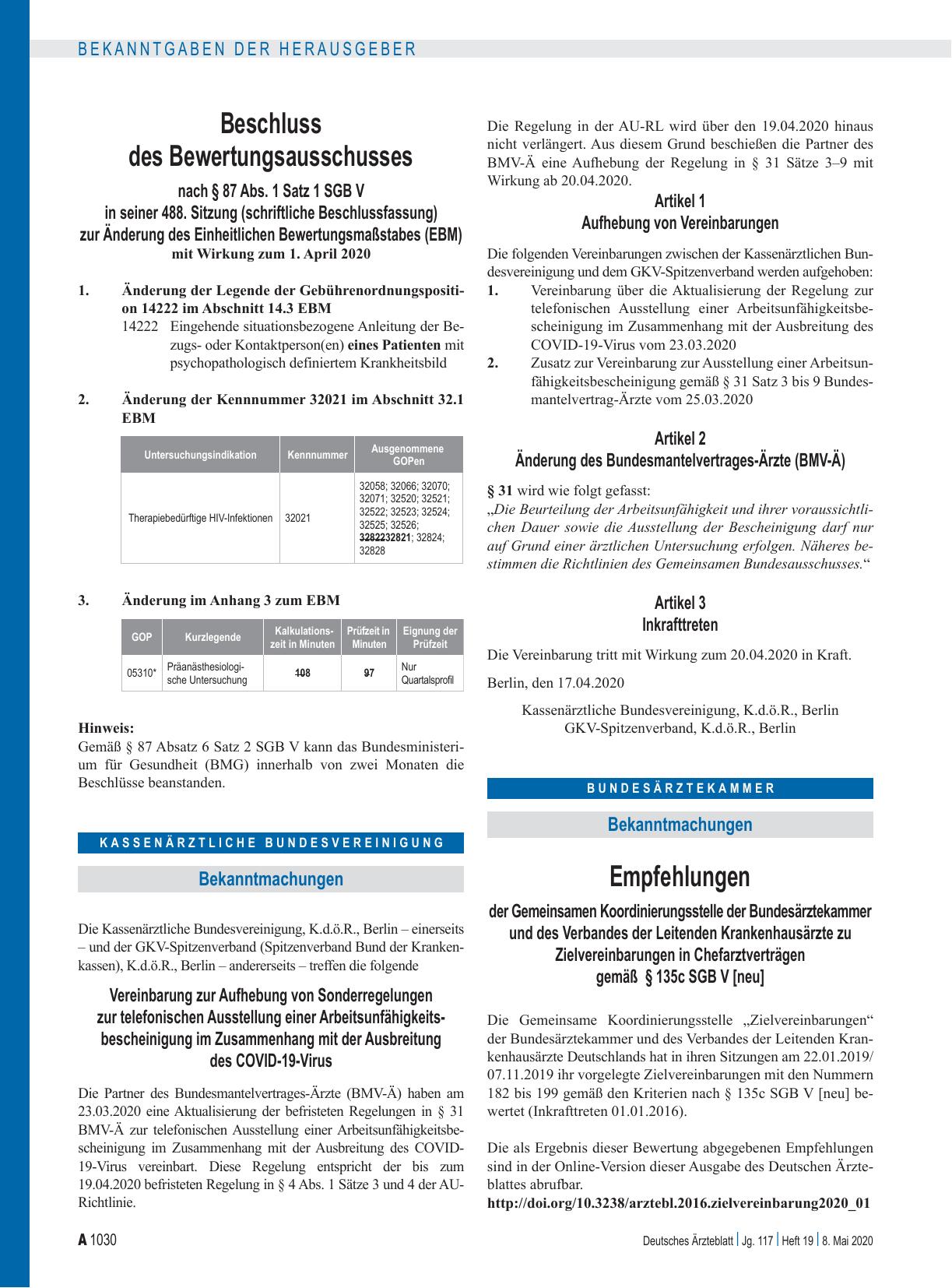 Vorschauseite 1: Empfehlungen der Gemeinsamen Koordinierungsstelle der Bundesärztekammer und des Verbandes der Leitenden Krankenhausärzte zu Zielvereinbarungen in Chefarztverträgen gemäß § 135c SG…