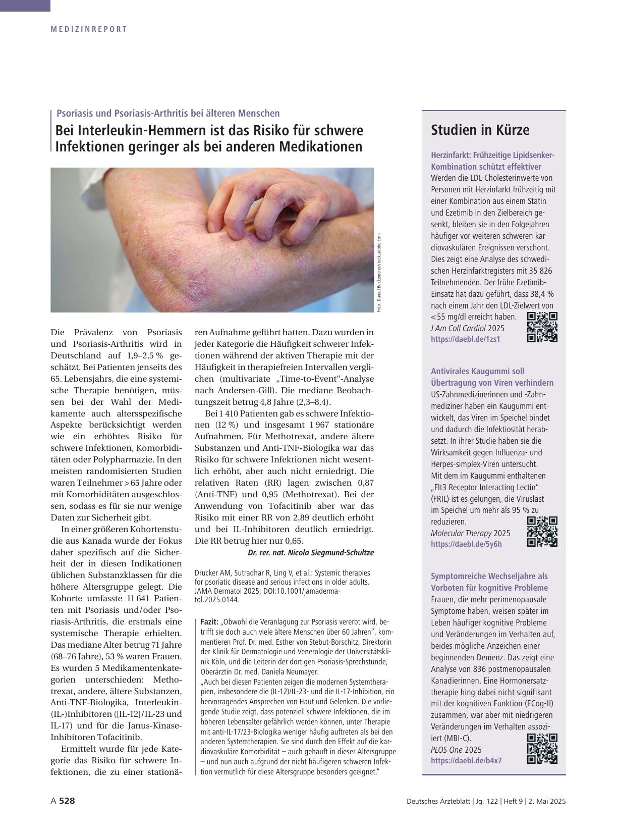 Vorschauseite 1: Psoriasis und Psoriasis-Arthritis bei älteren Menschen: Bei Interleukin-Hemmern ist das Risiko für schwere Infektionen geringer als bei anderen Medikationen.
