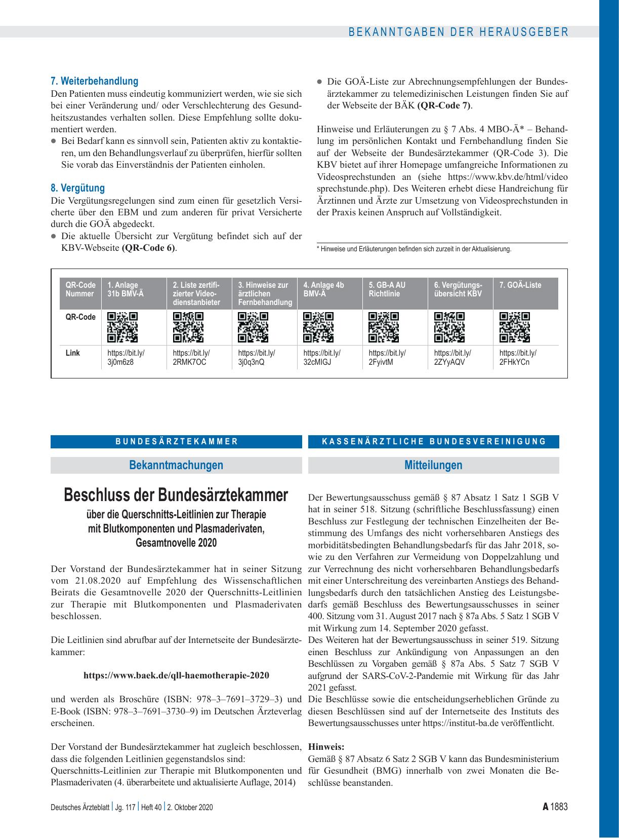 Vorschauseite 1: Beschluss der Bundesärztekammer über die Querschnitts-Leitlinien zur Therapie mit Blutkomponenten und Plasmaderivaten, Gesamtnovelle 2020