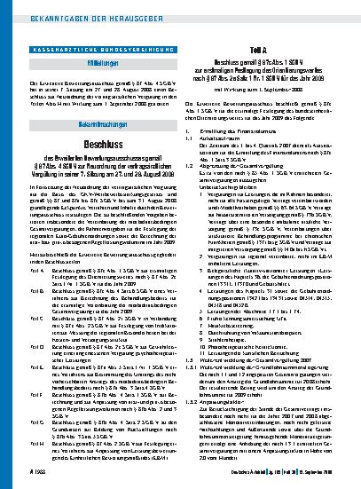 Vorschauseite 1: Beschluss des Erweiterten Bewertungsausschusses gemäß § 87 Abs. 4 SGB V zur Neuordnung der vertragsärztlichen Vergütung in seiner 7. Sitzung am 27. und 28. August 2008