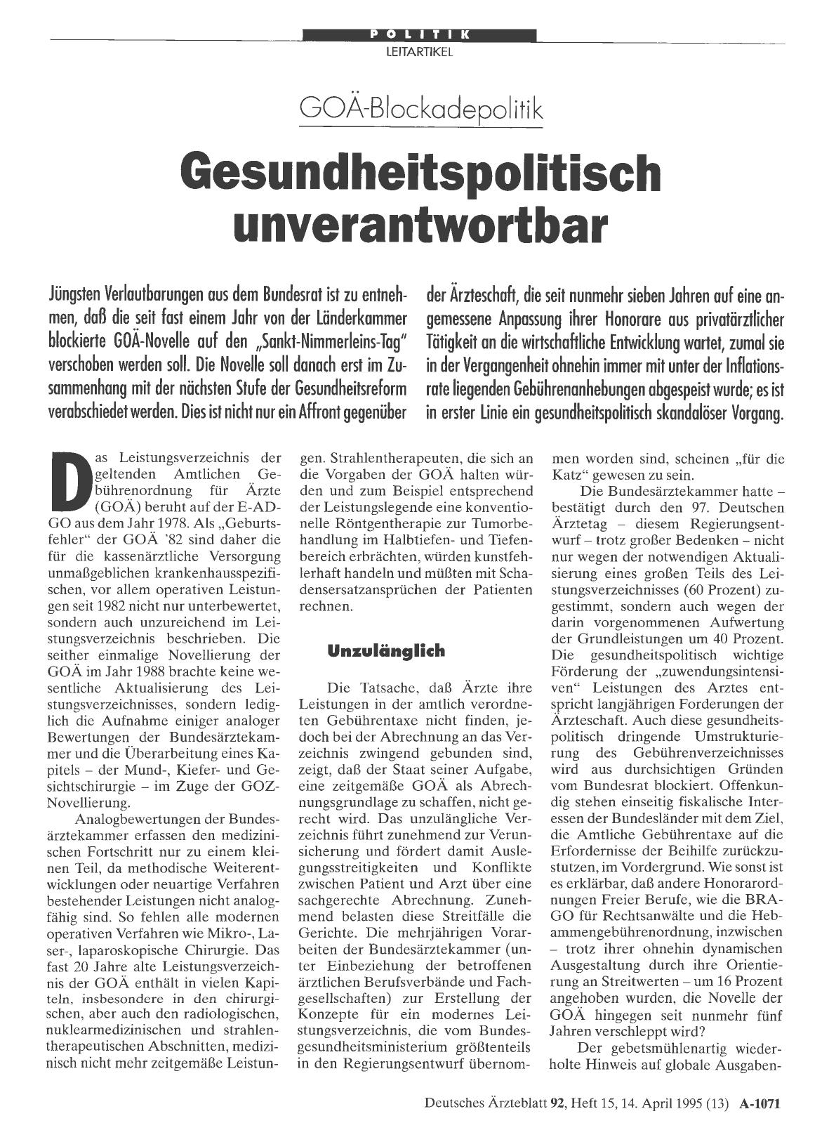 Vorschauseite 1: GOÄ-Blockadepolitik: Gesundheitspolitisch unverantwortbar