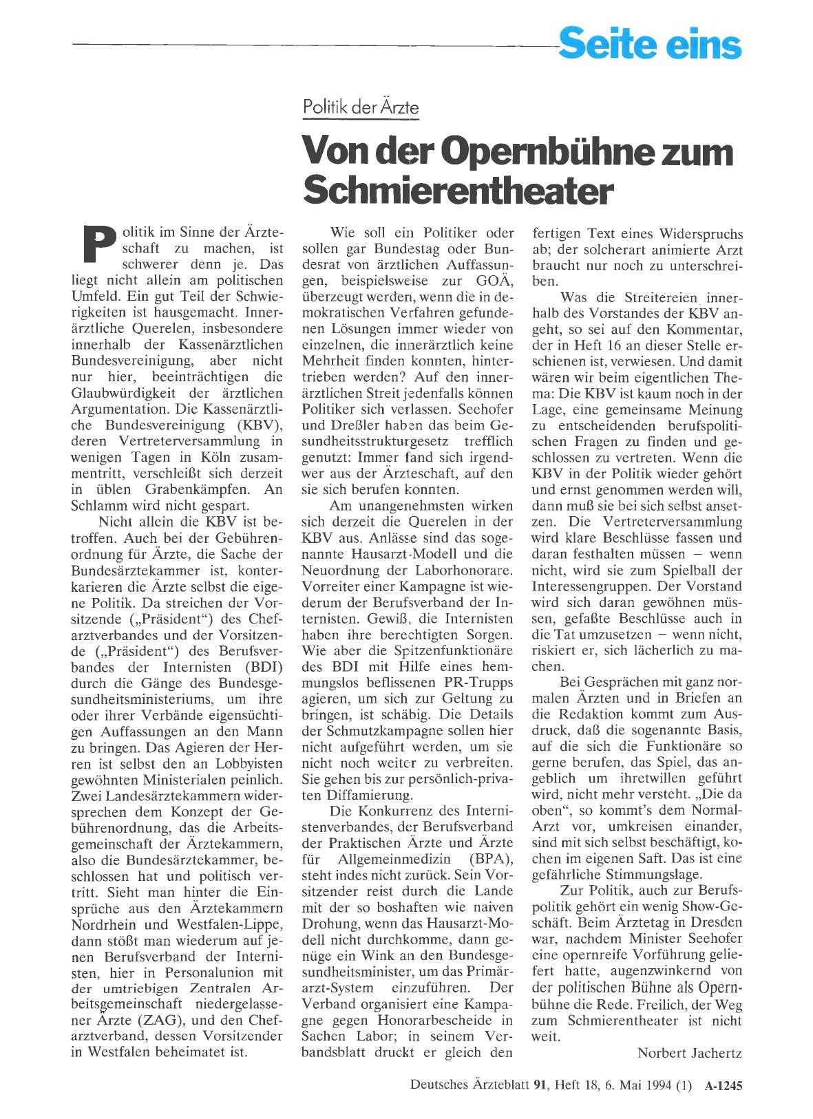 Vorschauseite 1: Politik der Ärzte: Von der Opernbühne zum Schmierentheater