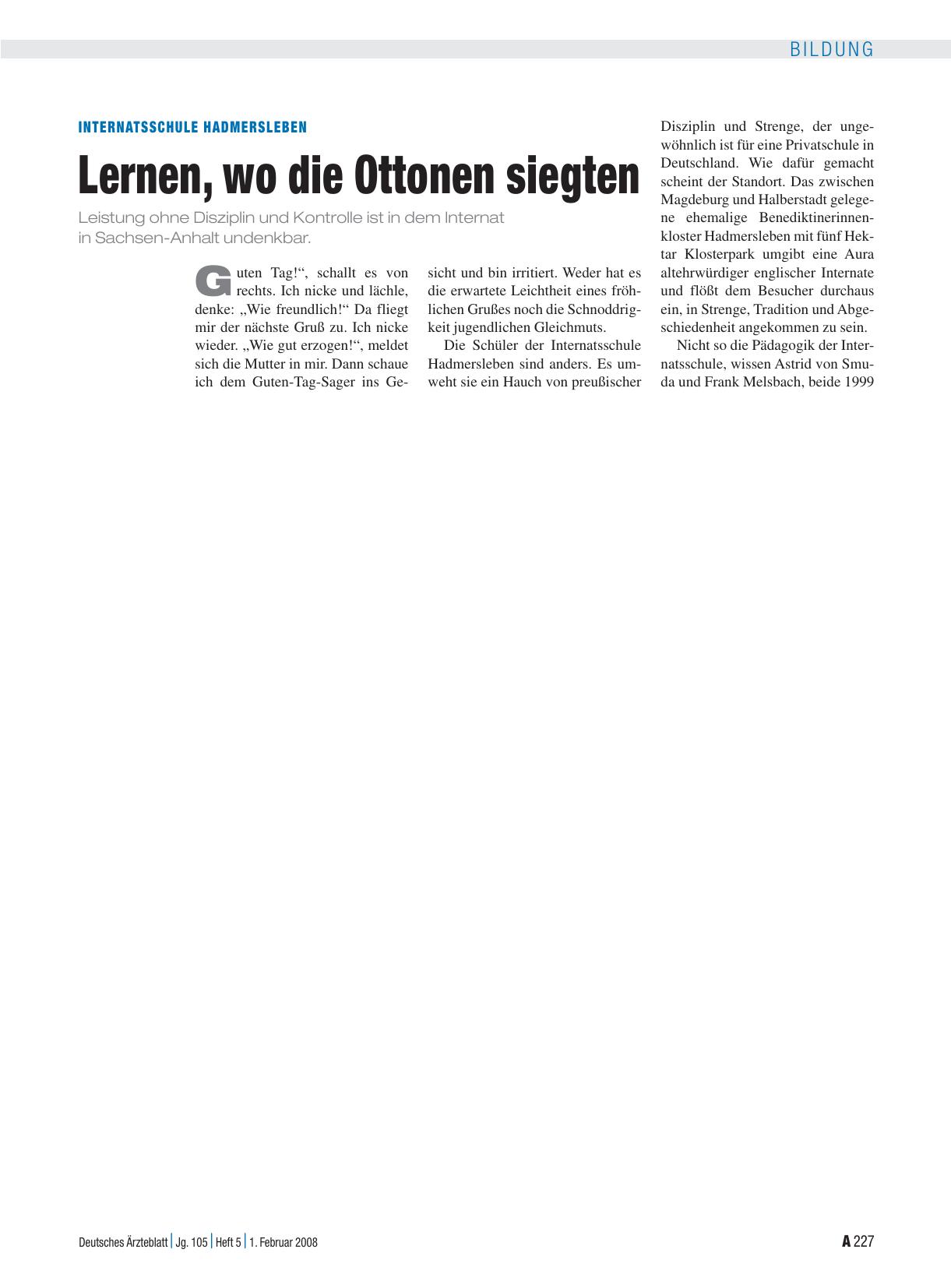 Vorschauseite 1: Internatsschule Hadmersleben: Lernen, wo die Ottonen siegten