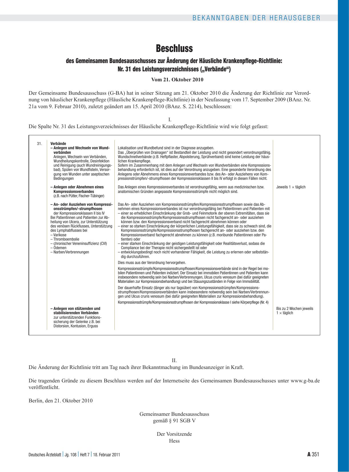 Vorschauseite 1: Beschluss des Gemeinsamen Bundesausschusses zur Änderung der Häusliche Krankenpflege-Richtlinie: Nr. 31 des Leistungsverzeichnisses („Verbände“)