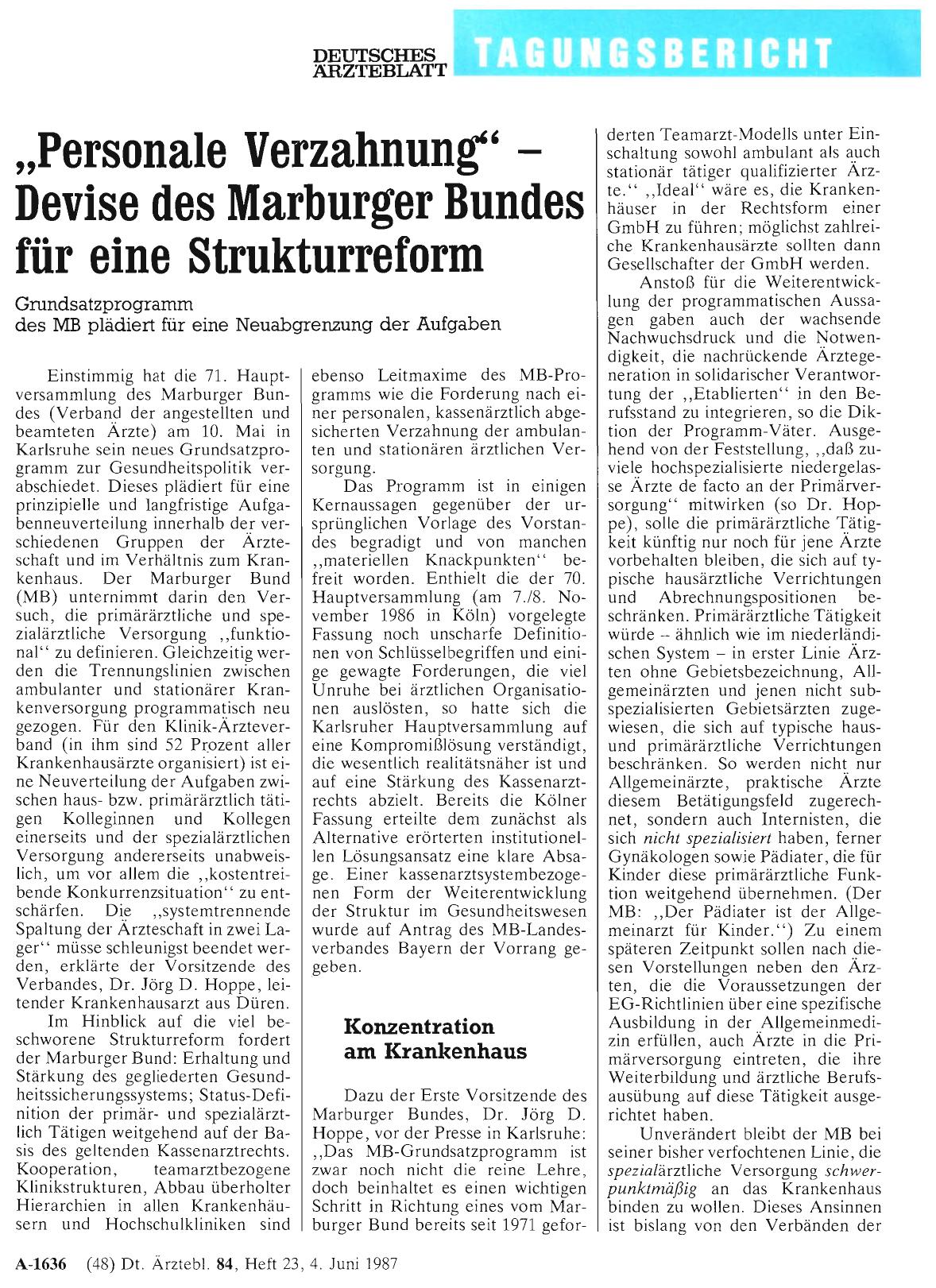 Vorschauseite 1: „Personale Verzahnung“ - Devise des Marburger Bundes für eine Strukturreform