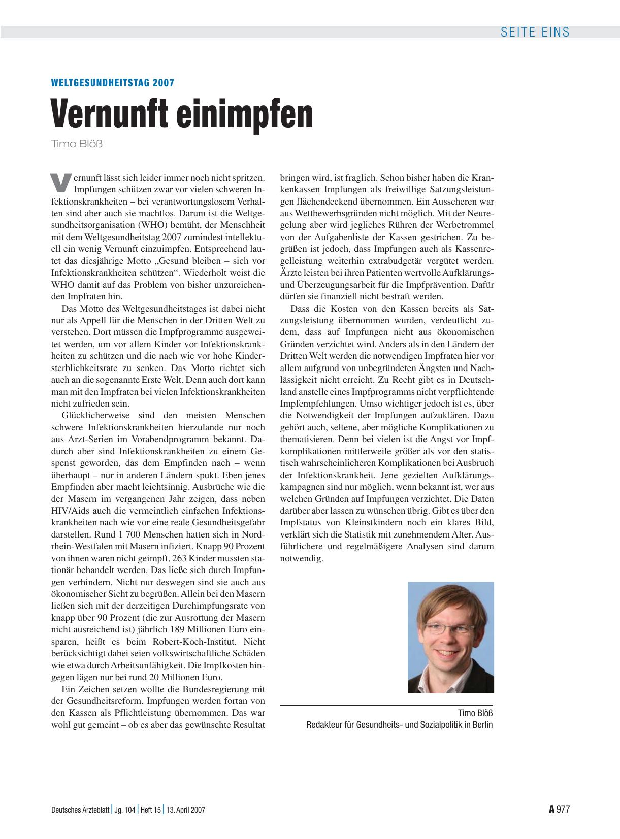 Vorschauseite 1: Weltgesundheitstag 2007: Vernunft einimpfen