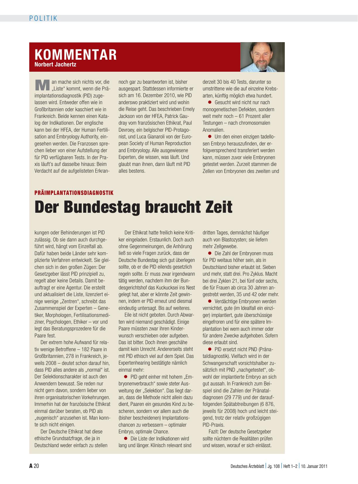 Vorschauseite 1: Präimplantationsdiagnostik: Der Bundestag braucht Zeit