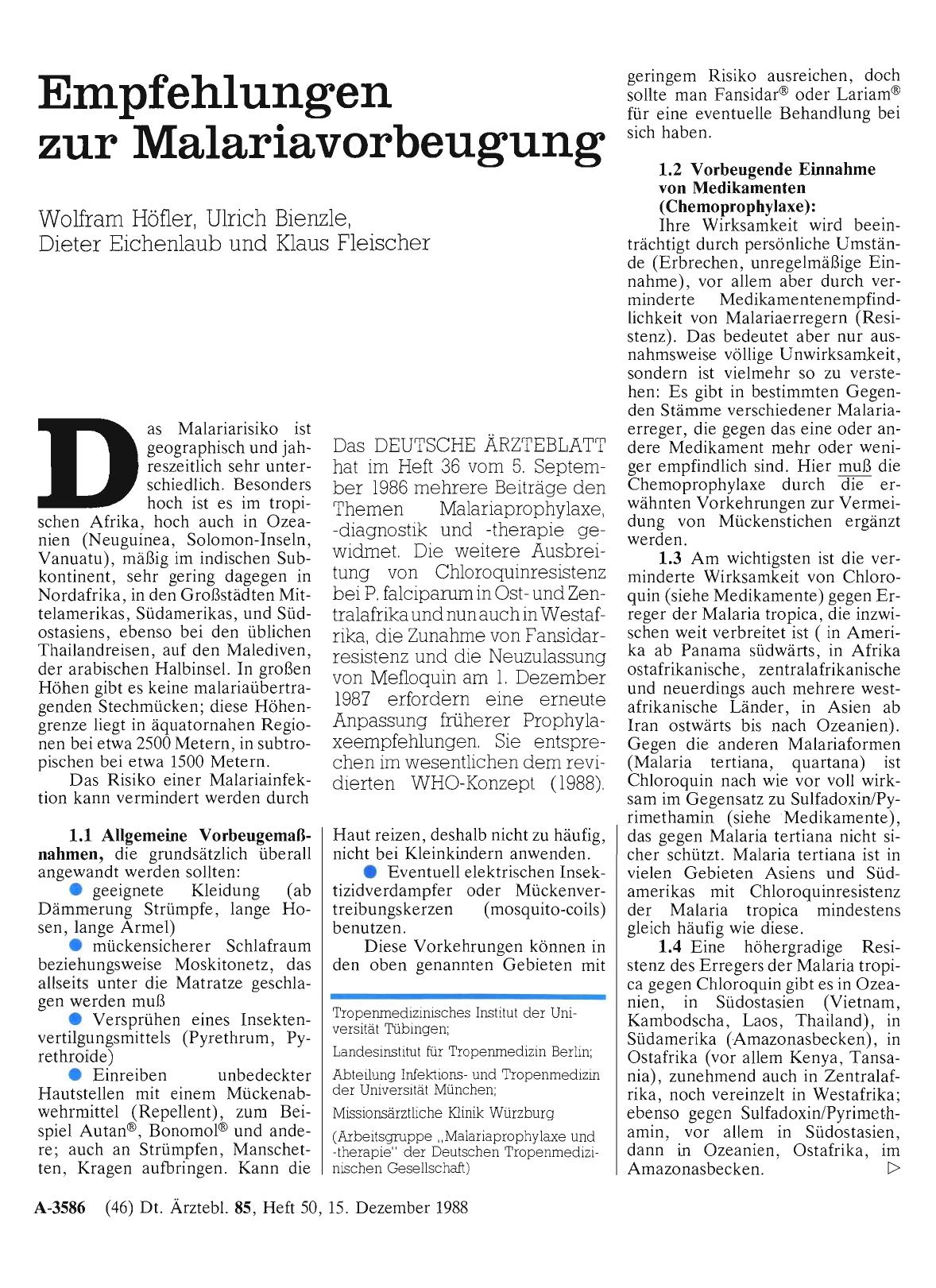 Vorschauseite 1: Empfehlungen zur Malariavorbeugung