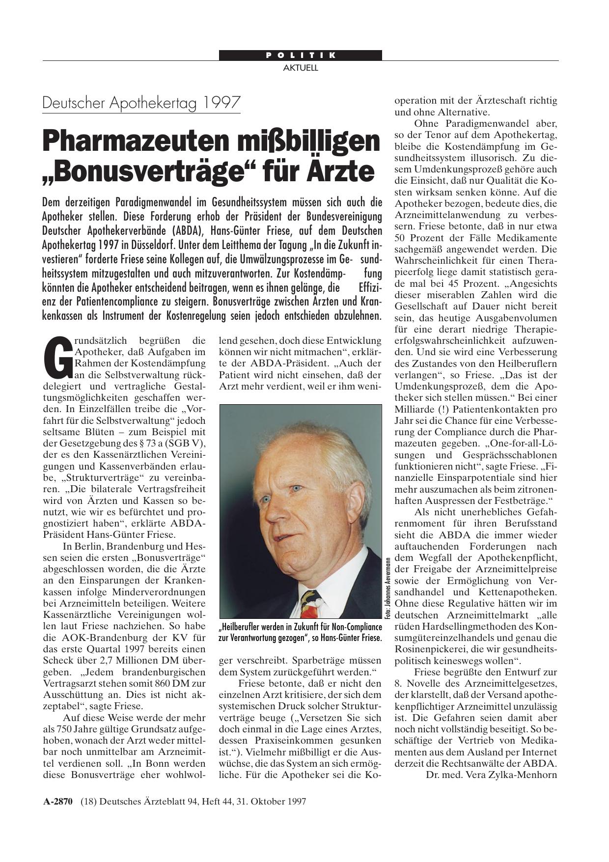 Vorschauseite 1: Deutscher Apothekertag 1997: Pharmazeuten mißbilligen „Bonusverträge“ für Ärzte