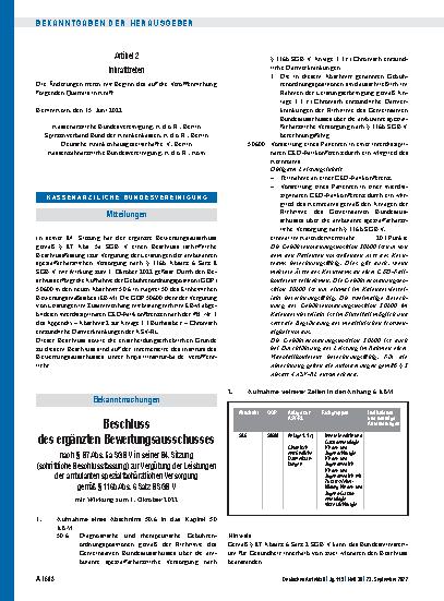 Vorschauseite 1: Beschluss des ergänzten Bewertungsausschusses nach § 87 Abs. 5a SGB V in seiner 84. Sitzung (schriftliche Beschlussfassung) zur Vergütung der Leistungen der ambulanten spezialfach…