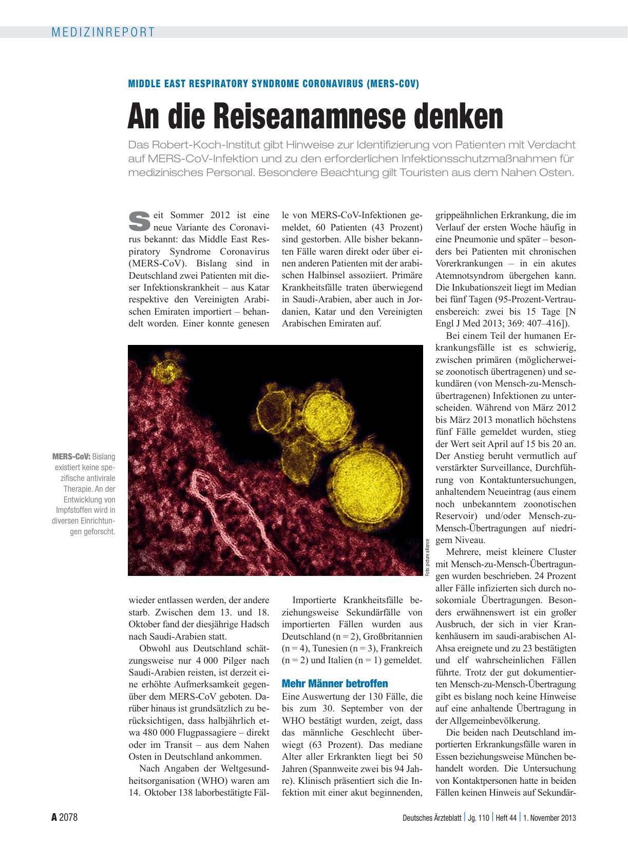 Vorschauseite 1: Middle East Respiratory Syndrome Coronavirus (MERS-CoV): An die Reiseanamnese denken
